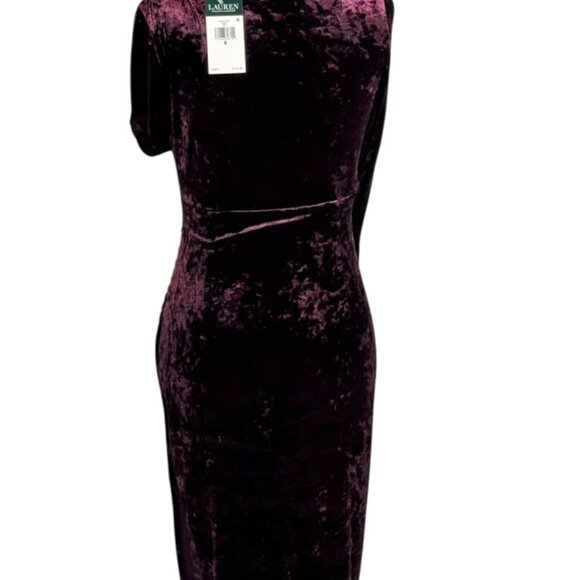 NEW Lauren Ralph Lauren 0 Crushed Velvet Ruched Bell Sleeve Party Dress Purple - Picture 2 of 7